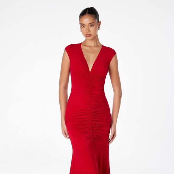 New Sheath Graduation Maxi Ruched Gown w/ Cap Sleeves & Deep V-Neckline CD T2009 - Picture 1 of 9